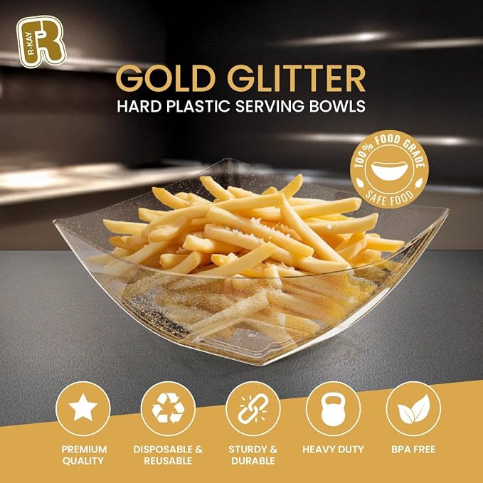 R-kay 6 Pack Gold Glitter Plastic Serving Bowls - 32 Oz Gold Plastic bowls - Salad Bowls Large Serving, Premium Duty For Weddings Catering And Birthday parties