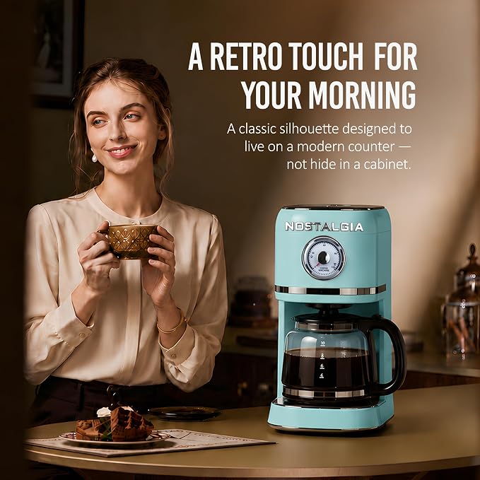 Nostalgia Classic Retro 10 Cup Coffee Maker - One-Touch Drip Brew, Reusable Filter - Anti-Drip, Auto Shutoff, & Time Display - Dishwasher Safe 50 oz Carafe - Aqua
