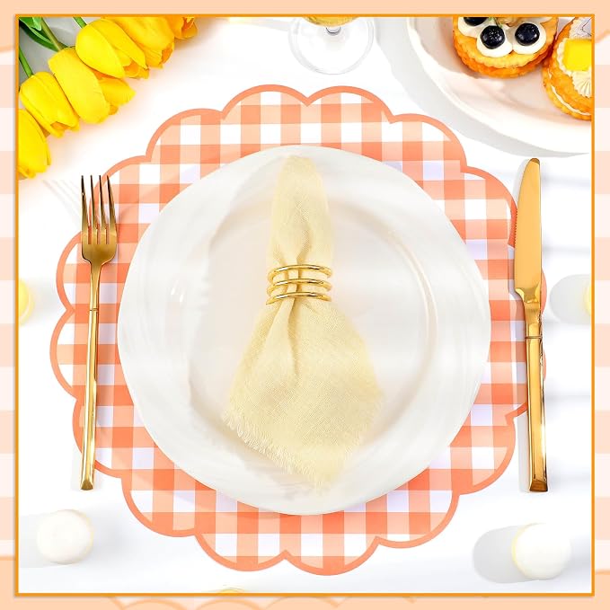 60 Pcs Orange and White Gingham Paper Placemats, Disposable Fall Placemat | 13.5 Inch Scalloped Checkered Place Mats Table Decorative for Picnic Table Setting BBQ Birthday Banquet Outdoors Party