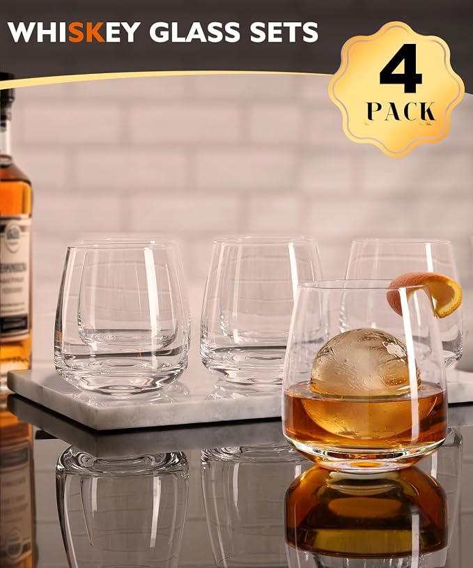 Whiskey Glasses Lead-Free Crystal Old Fashioned Glass Clear Set of 4 13.5oz | whiskey glasses with ergonomic curved shape, Holds ice balls，elegant gift choice for whiskey lovers