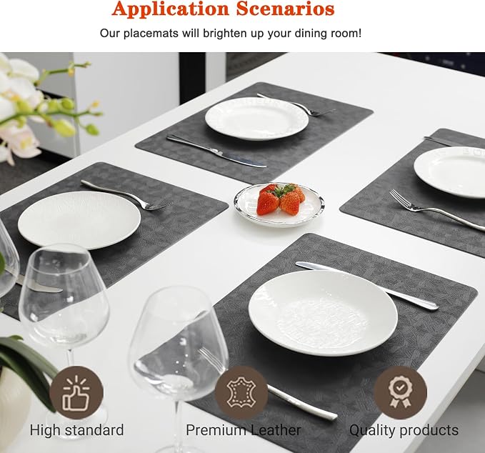Gray Vinyl Placemats Set of 6 Waterproof Wipeable Table Mats | Heat Resistant Easy Clean Place Mats Faux Leather Table Mats Washable PVC Table Placemats for Dining Table