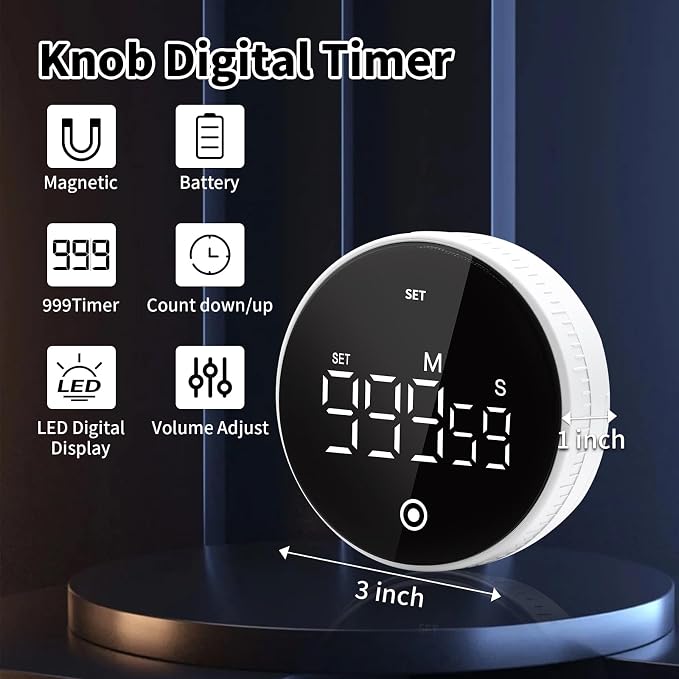Digital Kitchen Timer, Magnetic Visual Countdown Countup Timer with Large LED Display, Adjustable Volume, Easy for Seniors and Kids, for Cooking, Classroom, Fitness, Study (White)
