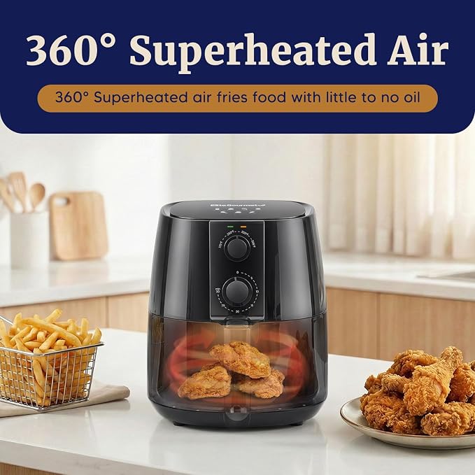 Elite Gourmet EAF4617 Digital Hot Air Fryer, Oil-Less, 1350W, 4Qt, Black | Healthy Cooker, Timer & Temperature Controls