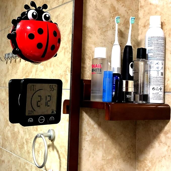Waterproof Bathroom Wall Clock and Timer, Digital Water Resistant Hanging Timer for Shower, Large Display Kitchen Cooking Countdown Timers, Mirror Suction Clock with Temperature Humidity Meter (Black)