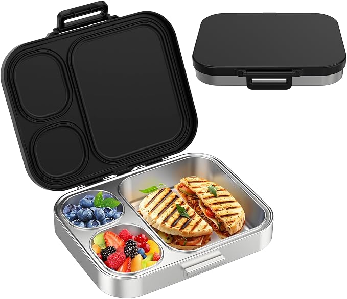 Pawtong Stainless Steel Bento Lunch Box for Kids | 3-Compartment Lunch Box Container Kids | 100% Leakproof, Eco-Friendly, Perfect Portion Control for Kids&Adult Healthy Meals (Black)