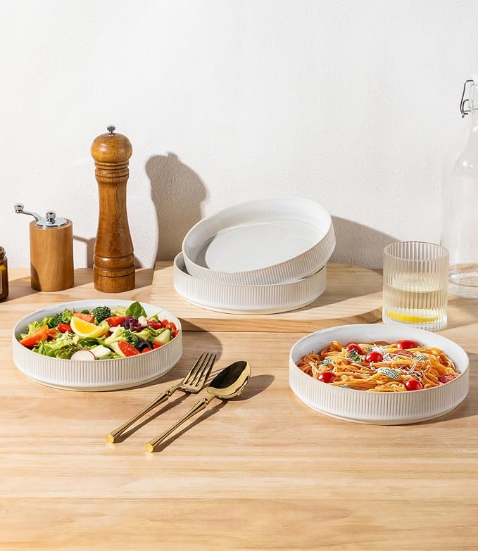7.5" Ceramic Pasta Bowls Set of 4, Salad Bowls | Versatile Serving Bowls for Pasta, Salad, Fruit & Noodles, Housewarming & Wedding Gift, Reactive White