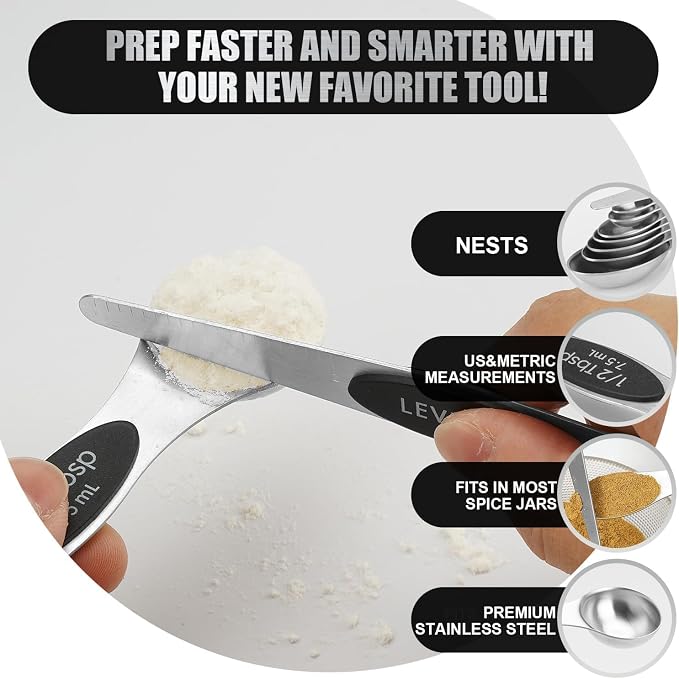 Magnetic Measuring Spoons Set of 9 Stainless Steel Stackable Dual Sided Nesting Teaspoons and Tablespoons for Measuring Dry and Liquid Ingredients