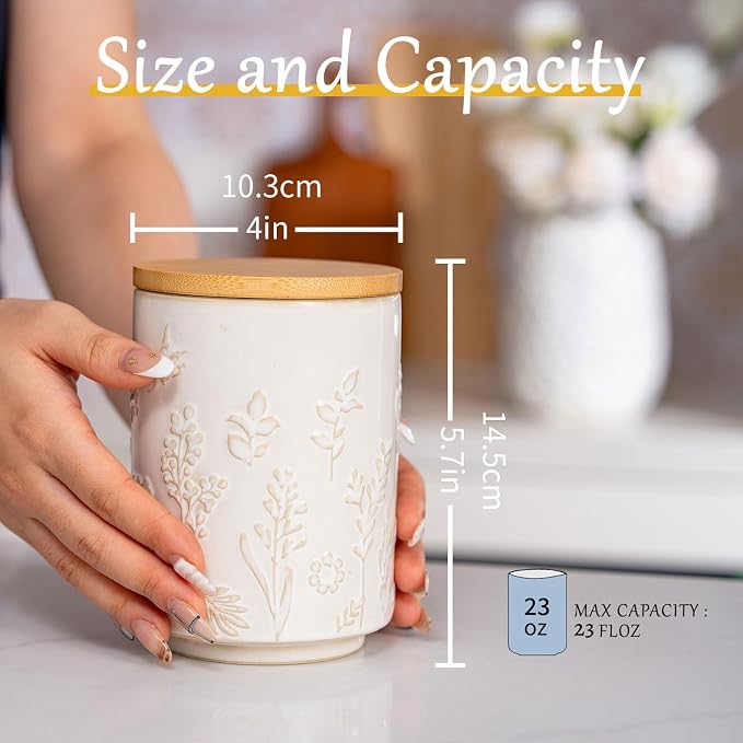 TEATALK Embossed Ceramic Canister with Airtight Lid, 23oz Decorative Storage Jar for Coffee, Tea, Sugar, Flour & Cookies, Farmhouse Kitchen Canisters for Counter, Pantry Organization, Flower Butterfly