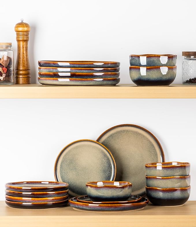 Ceramic Dinnerware Set for 6, 18-Piece Plates and Bowls Set | Handmade Reactive Glaze Dish Set, Scratch Resistant, Oven & Microwave & Dishwasher Safe, Coffee Bean