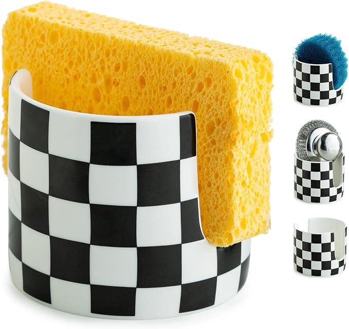 Zoeeker Sponge Holder for Kitchen Sink, Ceramic Checkered Dish Sponge Rack | Dish Brush Holder Farmhouse Kitchen Drying Rack Scrubby Caddy Kitchen Organizer for Scrubber, Bathroom, Sink, Black and White