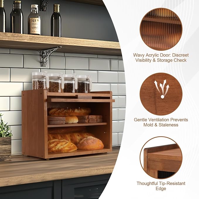 Wooden Bread Box for Kitchen Countertop, 2 Tier Bread Storage Container with Acrylic Door, Adjustable Shelf, Ventilation Holes, Brown