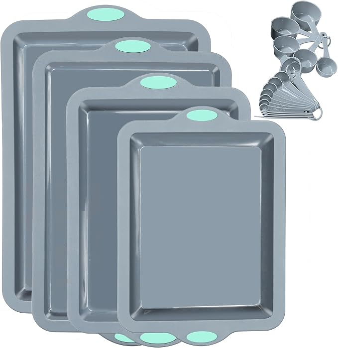 Silicone Baking Pans Set, 4 Pieces Nonstick Bakeware Set with Baking Pans, Baking Sheets, Cookie Sheets, Cake Pan with Metal Reinforced Frame More Strength, Light Grey