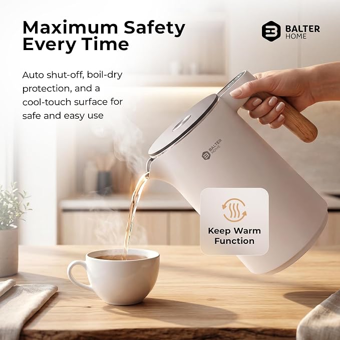 BALTER Electric Kettle with Temperature control, 113 °F – 212 °F, Tea pot, Stainless steel, double wall water kettle, BPA-free, quiet tea kettle, 1.5 L, 2200 W, White