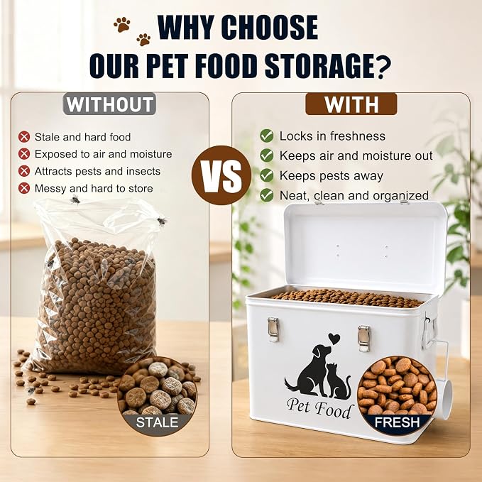 Vivifying Airtight Metal Dog Food Storage Container with Scoop, 13 lb | Sealing Ring and Double Locks Keep Dog Treats, Cat Treats, Cookies and Dry Pet Food Fresh, Secure and Organized, White