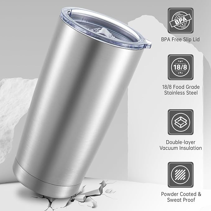 20 oz Tumblers Bulk Stainless Steel Tumbler with Lid Double Wall Vacuum Insulated Coffee Mug 20oz Powder Coated Cup for Hot and Cold Drinks, Stainless, 12 pack | Stainless, 20oz Insulated Coffee Mug, Double Wall Vacuum, Powder Coated Cup, for Hot and C...