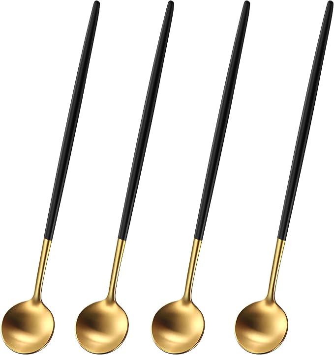 DEHOV 7.95 Inches Satin Gold SS18/10 Long Stirring Spoons With Black Handle,Elegant Iced Tea Spoons,Long Handle Mixing Spoons For Coffee,Cocktail,Ice Cream,Milk