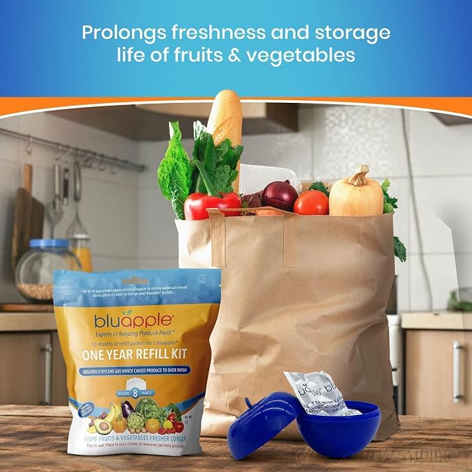 Bluapple Produce Saver Ethylene Gas Absorber - Fresh Fruit & Vegetable Storage, Food Savers for Refrigerator, 8 Packets (9g each), Each Packet Lasts 3 Months, Kitchen Must Haves, USA Made - Refill Kit