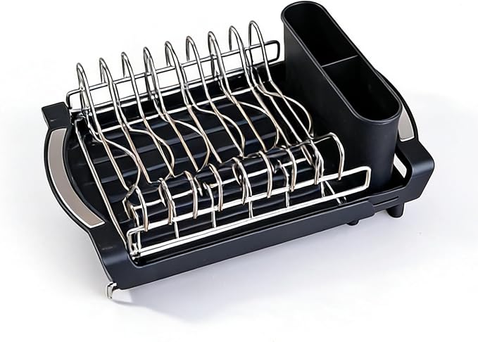 Dish Drying Rack Compact Expandable Double-Decker: Stainless, Rust-Proof, fits Kitchens/Apartments, extends 11.42"-19.9" (Black).