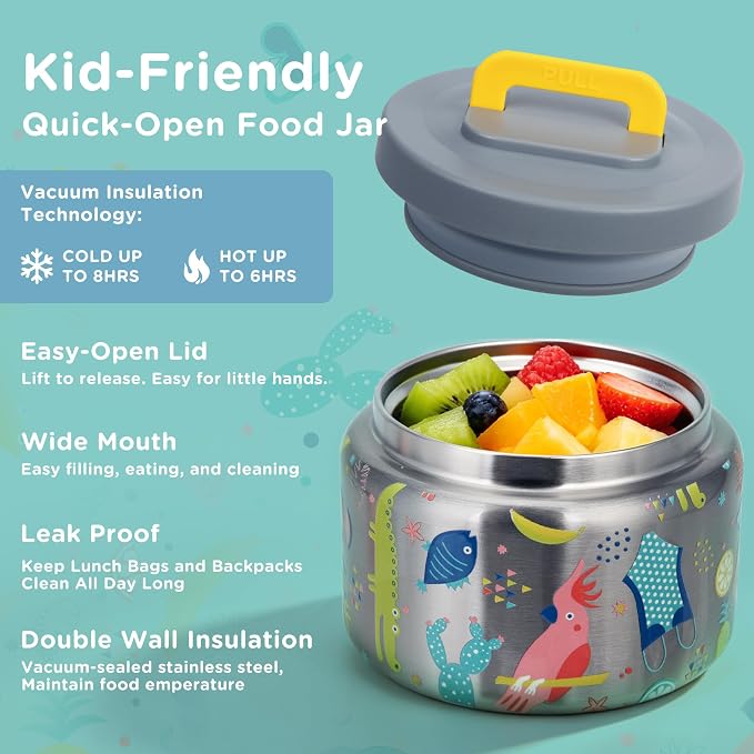 Kids Lunch Bento Box with 8oz Thermo/Ice Pack, BPA-Free, for School | Leak-proof Food Containers with 5 Compartment, Insulated Food Jar, Dishwasher Safe, Easy to Clean, Lunch Box for Girls Boys
