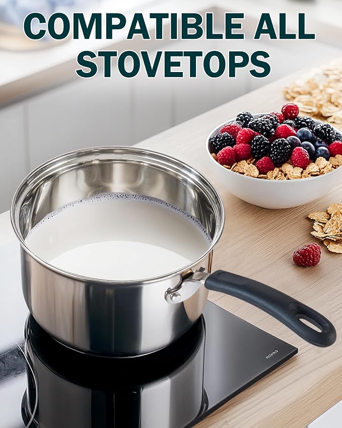 Cook N Home Professional 1 Quart and 2 Quart Stainless Steel Saucepan Set with Lids, Small Kitchen Induction Cooking Sauce Pot Pan, Stay-Cool Silicone Handle, Dishwasher Safe