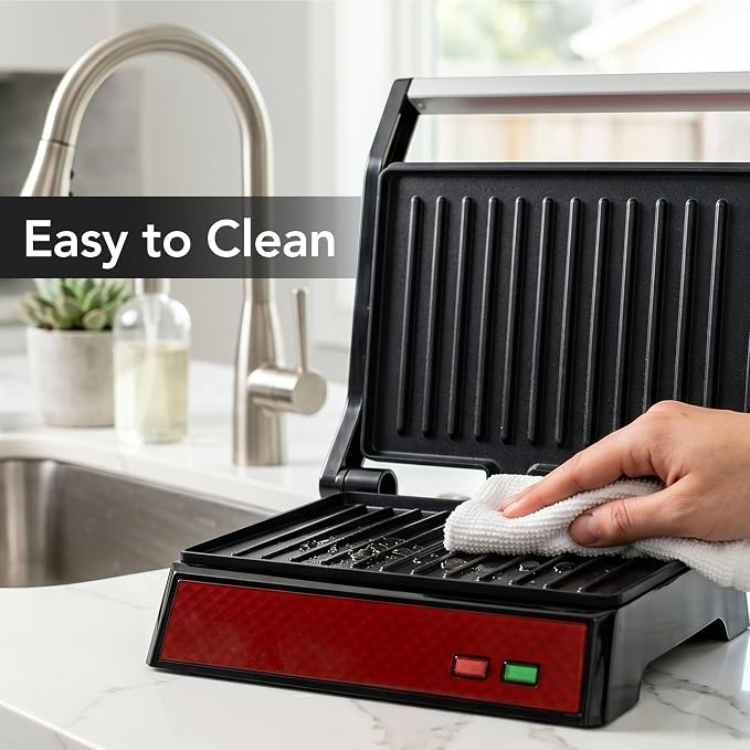 OVENTE Electric Indoor Panini Press Grill + Sandwich Maker, Red GP0620R | Opens 180 Degrees to Fit Any Type or Size of Food, 1000W Indoor Cooking Perfect for Quesadillas, Burgers & More