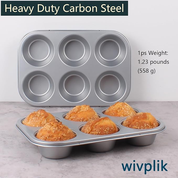 Nonstick Jumbo Muffin Pans, 2 Pack 6 Cup Extra Large Cupcake Tins | Premium Non-Toxic Non-Stick Coating, Heavy Duty Carbon Steel, 3.5 Inch Dia Deep Muffin Trays for Home Baking