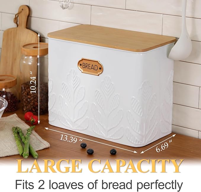 Extra Large Plant Pattern Embossed Bread Box with Bamboo Lid | Corner Breadbox for Homemade Bread, White Metal Bread Storage Container Bin for Kitchen Countertop, Fits 2 Loaves of Bread