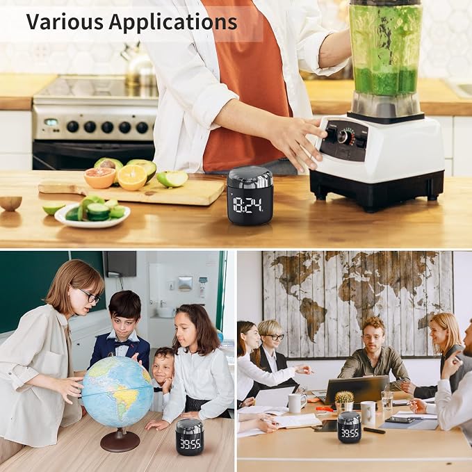 Kitchen Timer, 360 Rotate, Countup/Countdown, LED, Volume | Memory Function Back to School (Silver)