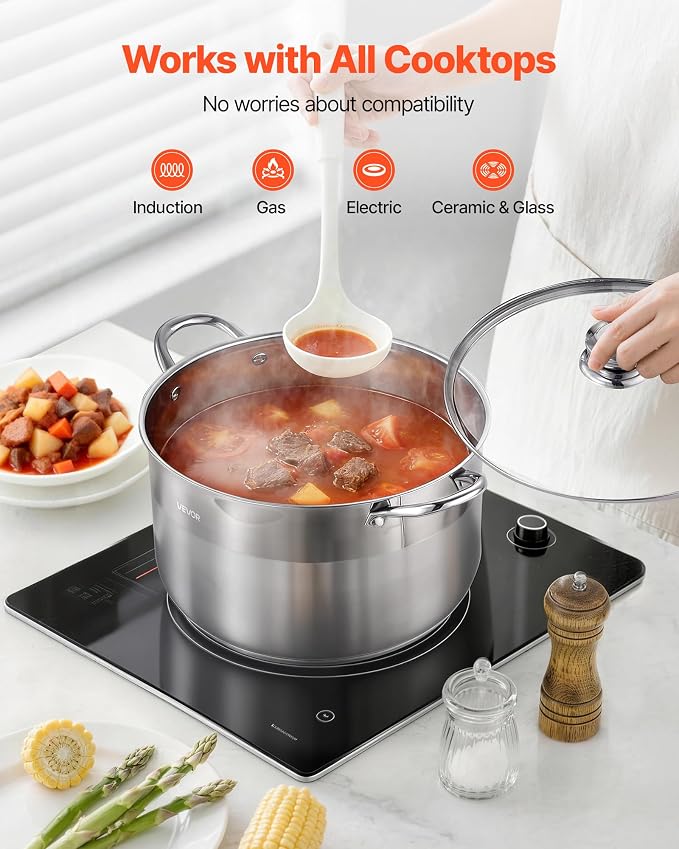 VEVOR Stainless Steel Stock Pot, 12QT Stainless Steel Stockpot with Glass Lid, PFOA-Free, PFAS-Free, Compatible with Gas Stoves, Induction Cooktops, Electric Stoves, for Soups, Stews, and Pasta