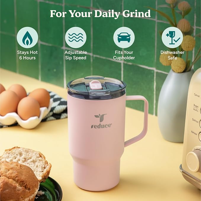 REDUCE Hot1 18 oz Insulated Stainless Steel Mug - Temperature Adjusting Lid | Dual-wall vacuum, keeps drinks hot for 6 hours, cupholder friendly, ideal for coffee & tea, Java color