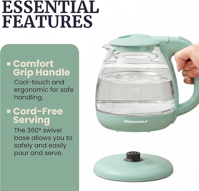 Elite Gourmet 1L Glass Electric Water Kettle, BPA-Free Fast Boil, Mint | Auto Shut-Off, Boil-Dry Protection, 360° Swivel Base Cordless Serving, Clear-View Water Level Markings