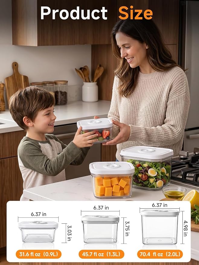 FEPPO Vacuum Sealers Containers for Food Storage, 3 Pcs Set [1* Small, 1* Medium, 1* Large] Works with Handheld Compact Vacuum Sealer Machine for Fridge, Freezer & Pantry, BPA-Free, Date Tracking Lid
