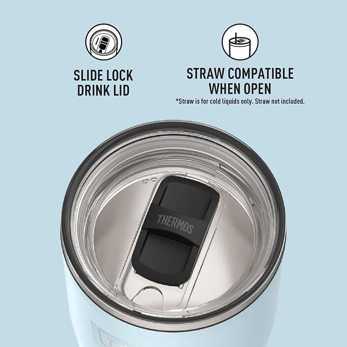THERMOS Icon Series 24oz Stainless Steel Tumbler with Slide Lock Lid, Leakproof, Fits Cupholder, Dishwasher Safe, Griptec™ Non‑Slip Base, Keeps Drinks Hot 6 Hrs/Cold 22 Hrs, Glacier