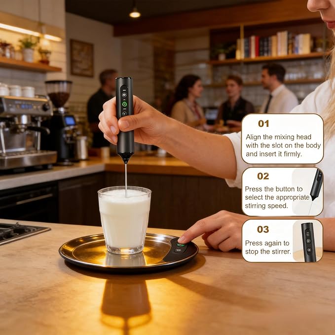 Rechargeable Handheld Milk Frother, USB-C Electric Mixer,5 Attachments | 3 Mixing Heads, 1Storage Box & 1 Stand, 3 Speed , low noise, for Coffee, Protein Shakes, Egg Whisk, Batter