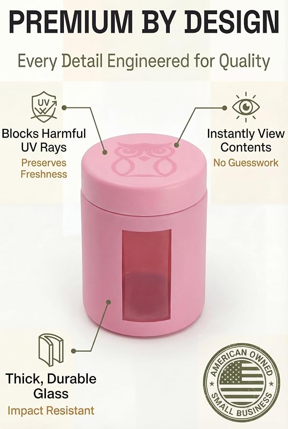 Treehouse Smell Proof Containers (120mL), Jars with Airtight Lids for Herbs, Spices, Coffee and Tea, Air Tight Glass Storage Jars with UV Protection Glass, (Set of 4) (Matte Pink)