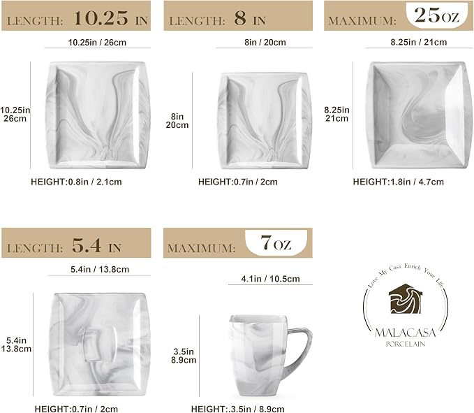 MALACASA Dinnerware Sets, 30 Piece Porcelain Plates and Bowls Sets for 6, Square Dish Set with Dinner Plates Set, Cup and Saucer, Modern Dishware Dishes Microwave Safe, Marble Grey, Series Blance | Complete with Plates, Bowls, Cups, Saucers, Microwave ...