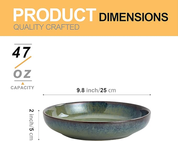 Transmutation Glaze Serving Pasta Bowl,10 inch Ceramic Wide Salad Bowls,50 Ounce Large Big Fruit Bowl for Kitchen, Microwave Oven Dishwasher Safe (Green)