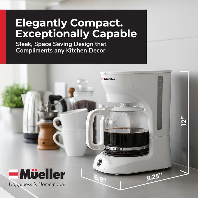 MUELLER HOME 12-Cup White Coffee Maker | Borosilicate Carafe, Auto-Off, Reusable Filter, Anti-Drip, Keep-Warm Function