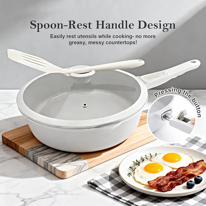 AIKENBBKK 12 Inch Deep Frying Pan Skillet with Lid, Non Stick Ceramic Frying Pans, 5 QT Nonstick Saute Pan with Detachable Handle, Compatible with All Stoves, Oven Safe, PTFE & PFAS-Free, White