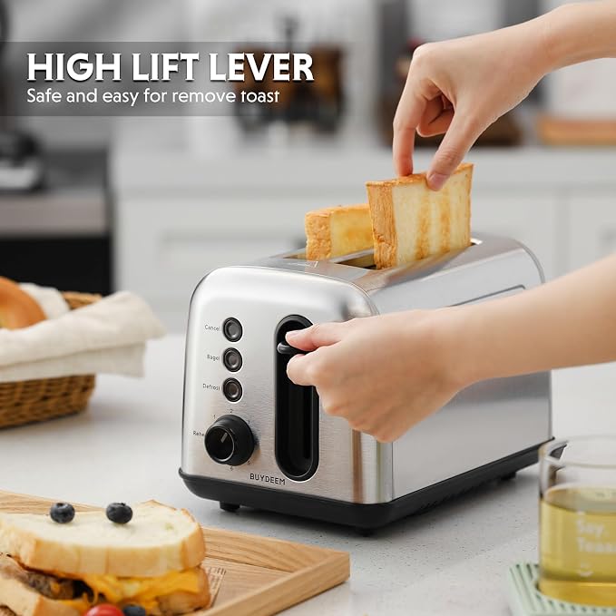 BUYDEEM DT420 2 Slice Toaster, Stainless Steel Toaster with Extra Wide Slots for Bagels, Muffins, High Lift Lever, 6 Shade Settings, Retro Sliver