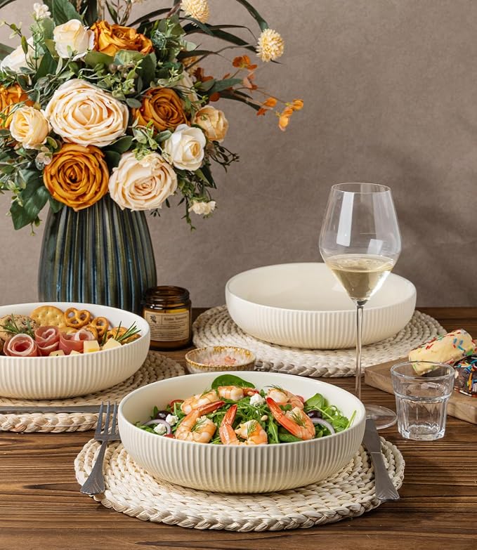 8.5" Ceramic Pasta Bowls Set of 4, Salad Bowls | Versatile Serving Bowls for Pasta, Salad, Fruit & Noodles, Housewarming & Wedding Gift, Beige