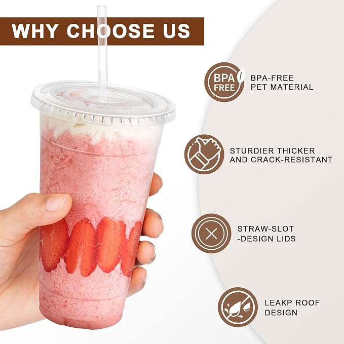 Clawsoff 100 Pack 24 oz Disposable Clear Plastic Cups with Lids and Straws | Leak-Proof Sturdy Cold Drink Cups for Iced Coffee, Smoothies, Juice, Parties & Business