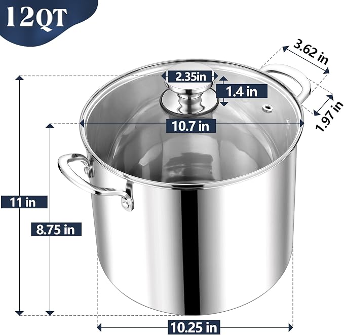 P&P CHEF 12 Quart Stock Pot with Lid, 12 Qt Large Stainless Steel Stockpot | Good for Cooking Pasta Soup, Cookware for Induction Gas Electric Stoves, Visible Lid & Measuring Markings, Dishwasher Safe