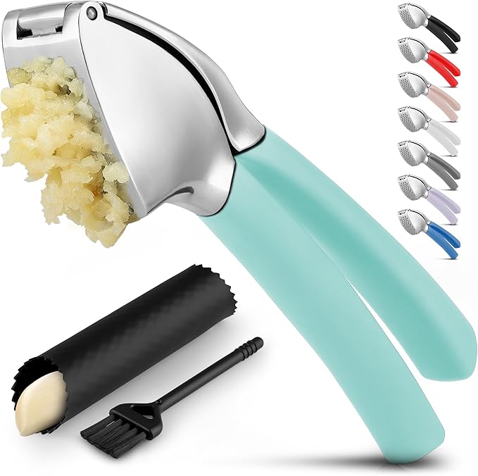 Zulay Kitchen Metal Comfort Grip Garlic Press | Garlic Mincer Tool - Garlic Crusher - Rust Proof Press, Ergonomic Handle, Easy Clean with Peeler and Brush - Light Blue