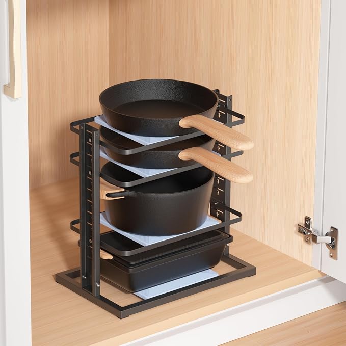 LAMU Pots and Pans Organizer for under Cabinet, 4-Tier Heavy Duty Pan Pot Organizers inside Cabinet, Adjustable Pot Rack Kitchen Cabinet Organization and Storage Holds up to 12" Cookware