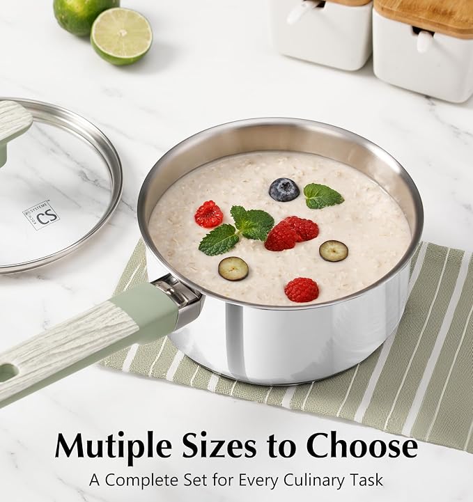 KOCH SYSTEME CS 6 PCS Stainless Steel Sauce Pan Set, 1.5QT & 2QT & 3QT Stainless Steel Pot Set with Lid, Triply Base Sauce Pan Set with Green Bakelite Handle, Induction Compatible Saucepans