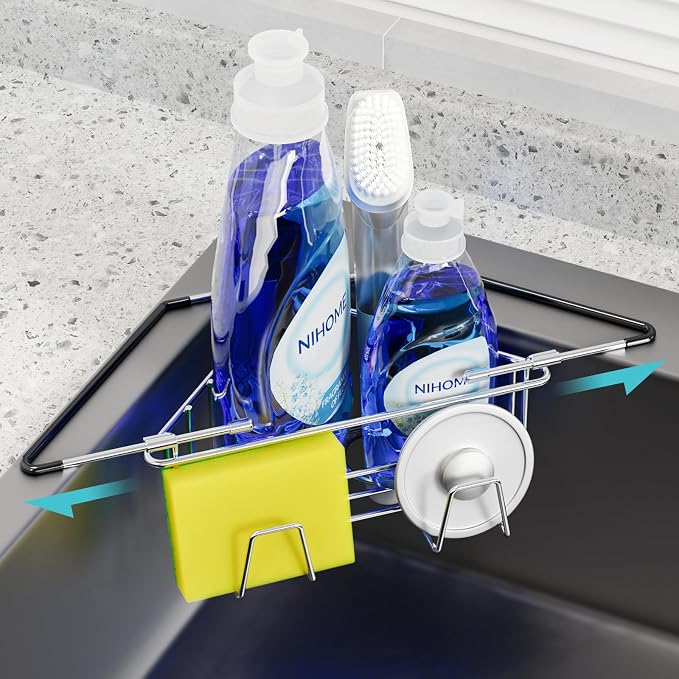 NiHome Adjustable Corner Caddy, Sponge Holder for Kitchen Sink | Rustproof 304 Stainless Steel Storage with Extendable Arms and Open Drainage for Rapid Drying of Brushes and Soap Bars