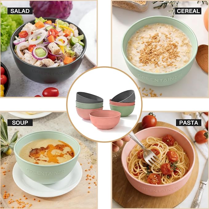 Greentainer 50 Oz Unbreakable Cereal Bowls Set of 4, Microwave and Dishwasher Safe, Reusable Plastic Soup Bowl for Salad, Oatmeal, Rice, Fruit, Snacks, BPA-Free (Pink)