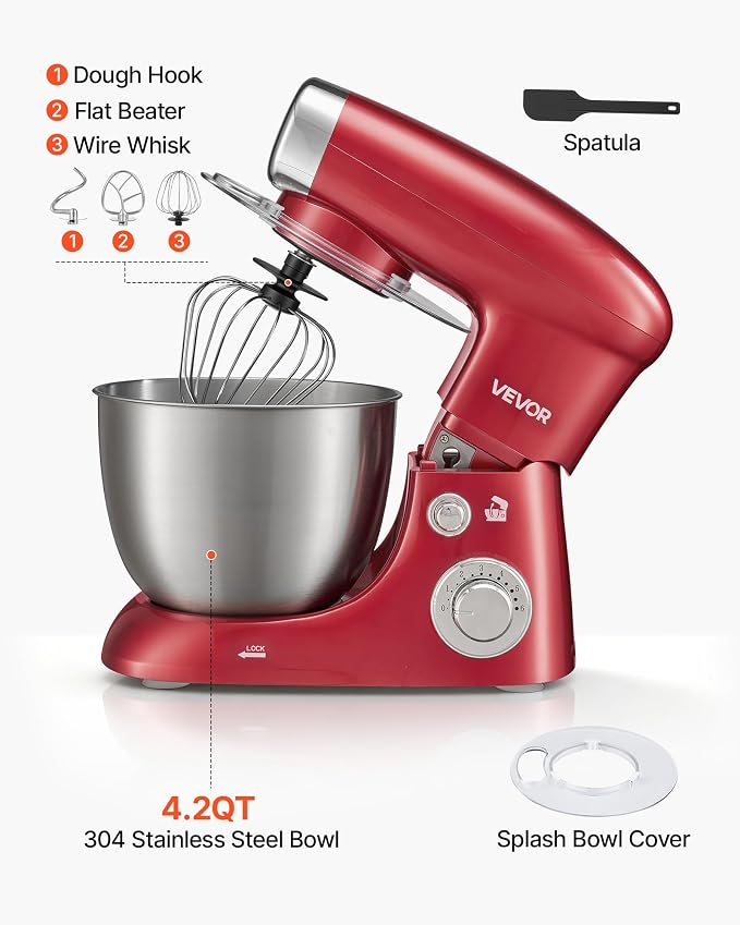 VEVOR 4.2 Qt Tilt Head Stand Mixer 400W Electric Dough Mixer, 6 Speeds Food Kitchen Mixer with Stainless Steel Bowl, Splash Guard, Dough Hook, Whisk, Beater, for Baking Mixing Whipping