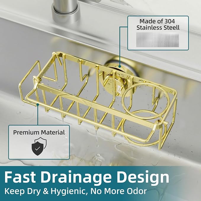 TAILI 4-in-1 Sink Caddy for Kitchen Sink with Strong Suction Cup-Gold | Removable Sponge Holder for Kitchen Sink Organizer, Rustproof 304 Stainless Steel Holder for Sponge, Brush, Scrubber, Scraper